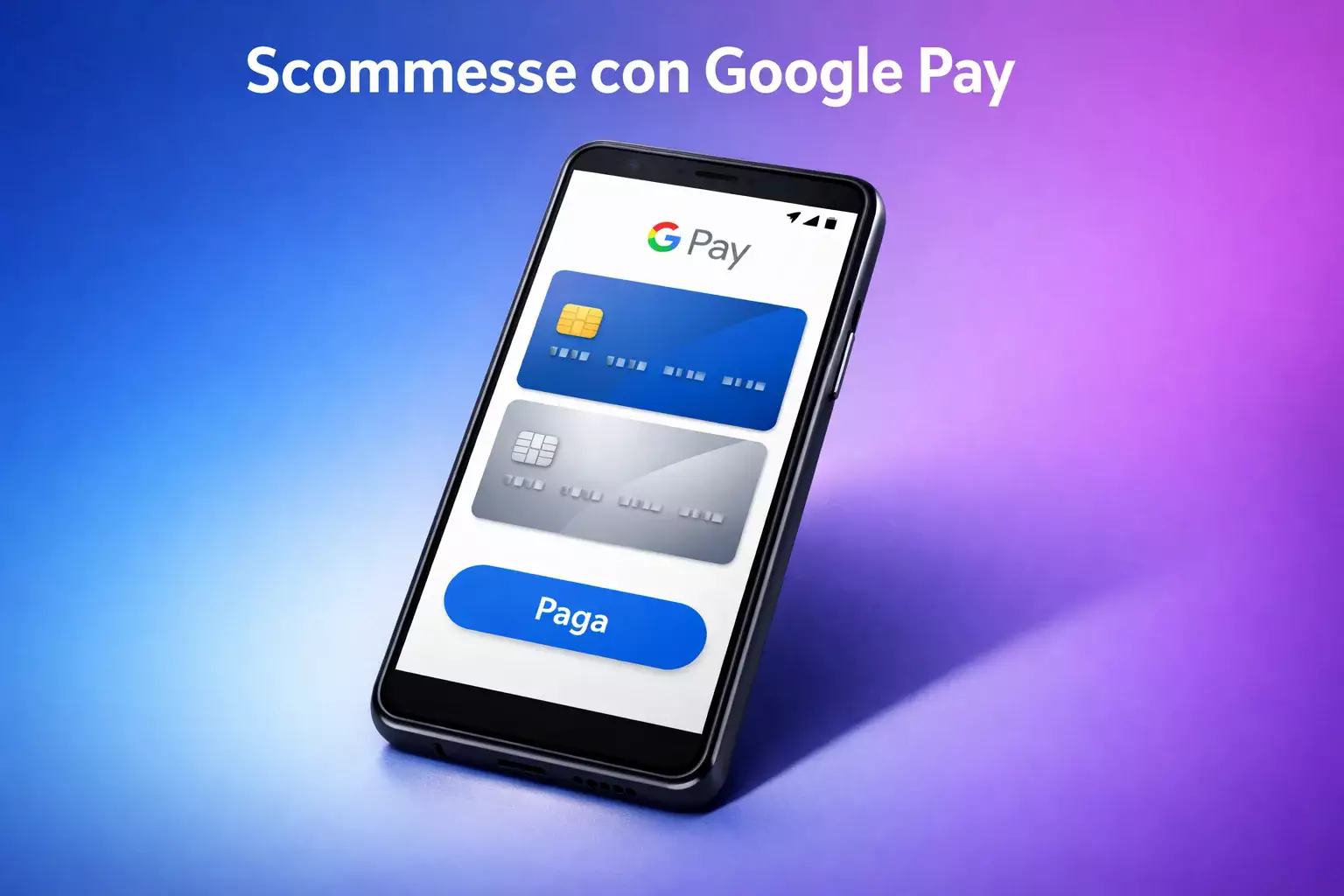 Smartphone Android con Google Pay aperto su schermo colorato, sfondo moderno vibrante
